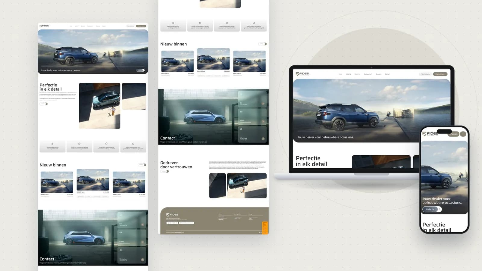 Fides Automotive — light, warm-toned used-car dealer website with lakeside SUV photography